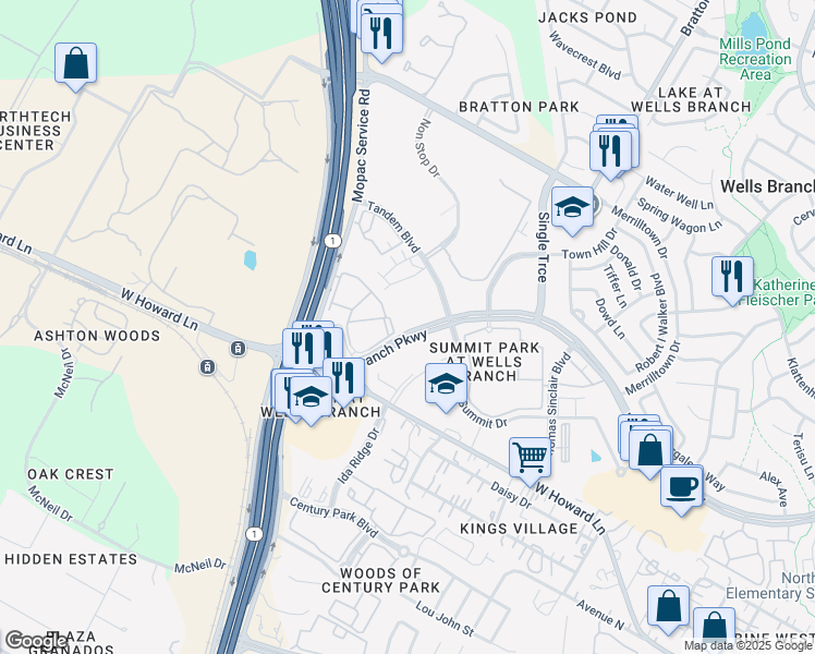 map of restaurants, bars, coffee shops, grocery stores, and more near in Wells Branch