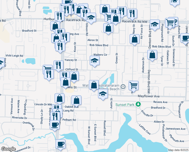 map of restaurants, bars, coffee shops, grocery stores, and more near 206 Kettering Court in Fort Walton Beach