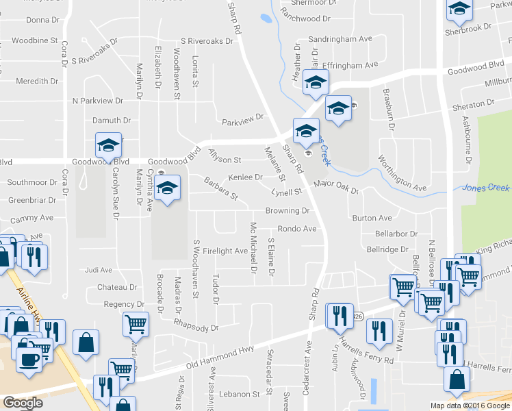 map of restaurants, bars, coffee shops, grocery stores, and more near 10521 Browning Drive in Baton Rouge