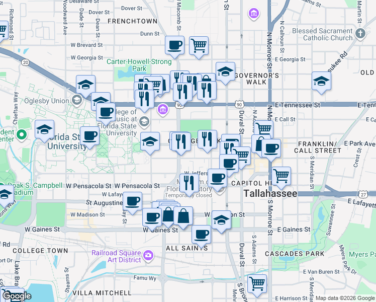 map of restaurants, bars, coffee shops, grocery stores, and more near in Tallahassee