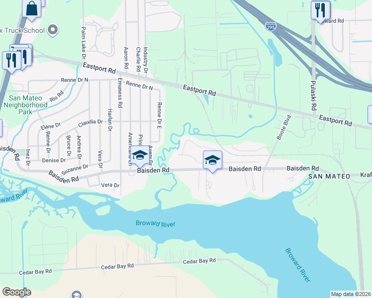 map of restaurants, bars, coffee shops, grocery stores, and more near 11259 Pine Moss Road West in Jacksonville