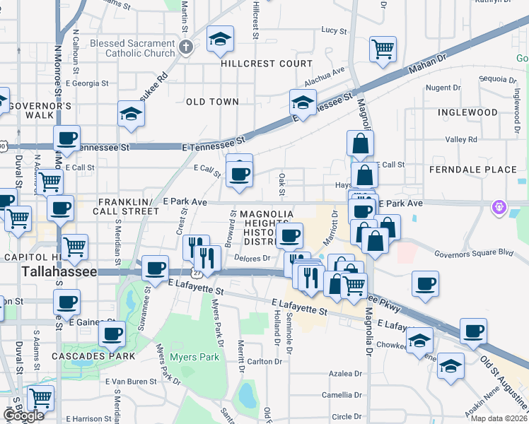 map of restaurants, bars, coffee shops, grocery stores, and more near 837 East Park Avenue in Tallahassee