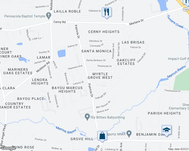 map of restaurants, bars, coffee shops, grocery stores, and more near 3050 Partridge Drive in Pensacola
