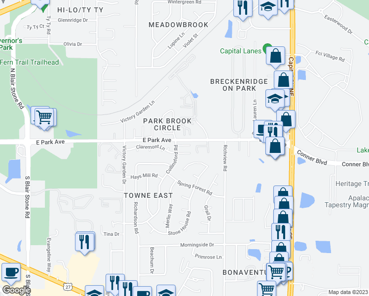 map of restaurants, bars, coffee shops, grocery stores, and more near 2517 Mar Court in Tallahassee