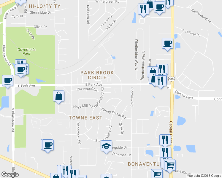 map of restaurants, bars, coffee shops, grocery stores, and more near 2531 Mar Court in Tallahassee