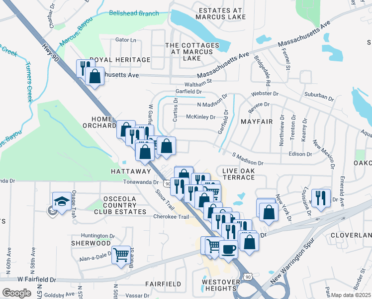 map of restaurants, bars, coffee shops, grocery stores, and more near 73 Garfield Drive in Pensacola