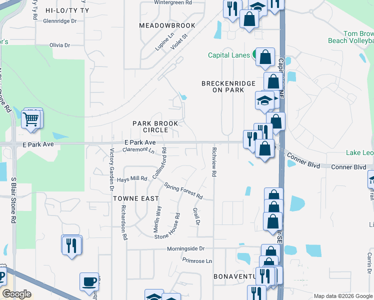map of restaurants, bars, coffee shops, grocery stores, and more near 124 Meeting Street Drive in Tallahassee