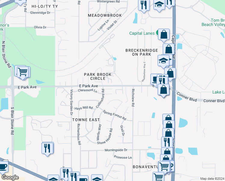 map of restaurants, bars, coffee shops, grocery stores, and more near 2526 Prest Court in Tallahassee