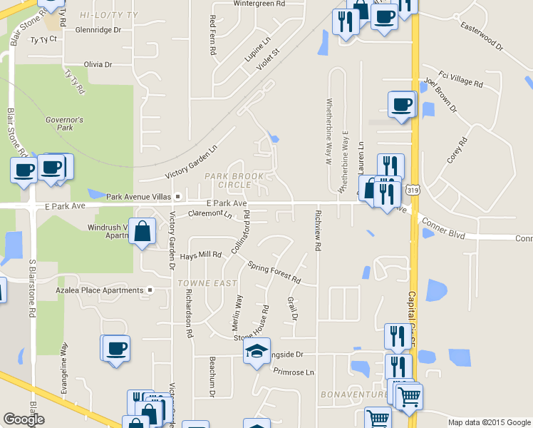 map of restaurants, bars, coffee shops, grocery stores, and more near 2526 Prest Court in Tallahassee