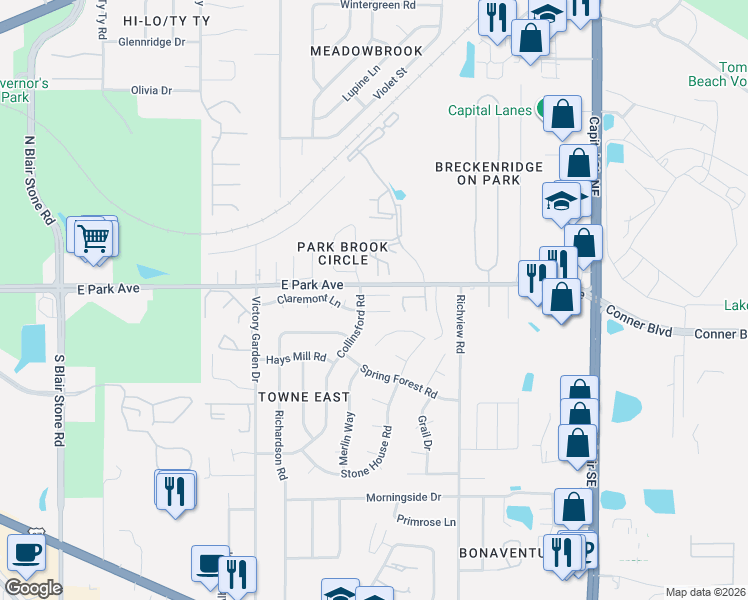 map of restaurants, bars, coffee shops, grocery stores, and more near 2526 Prest Court in Tallahassee