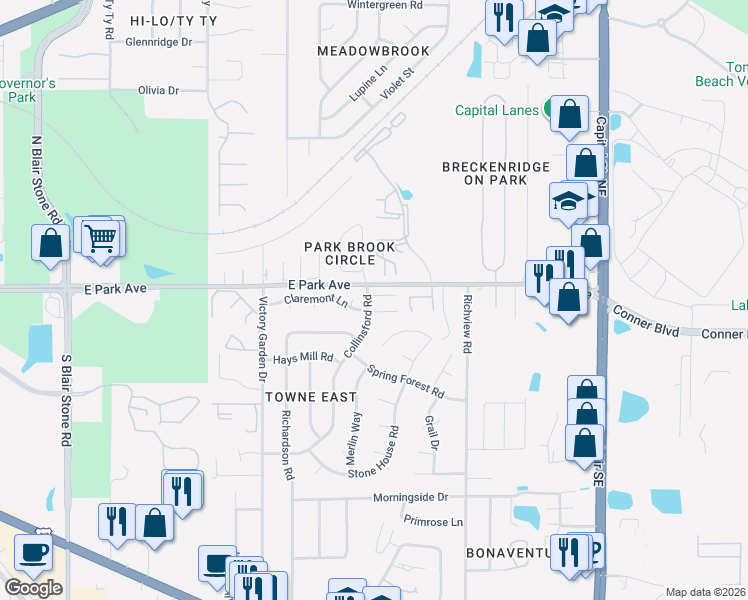 map of restaurants, bars, coffee shops, grocery stores, and more near 2382 Claremont Lane in Tallahassee