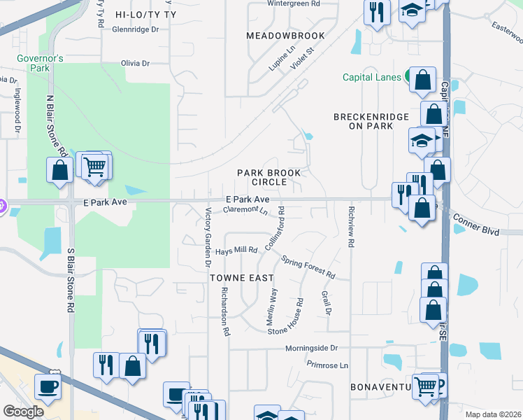 map of restaurants, bars, coffee shops, grocery stores, and more near 581 Chicopee Court in Tallahassee