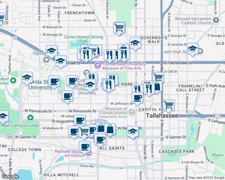 map of restaurants, bars, coffee shops, grocery stores, and more near in Tallahassee