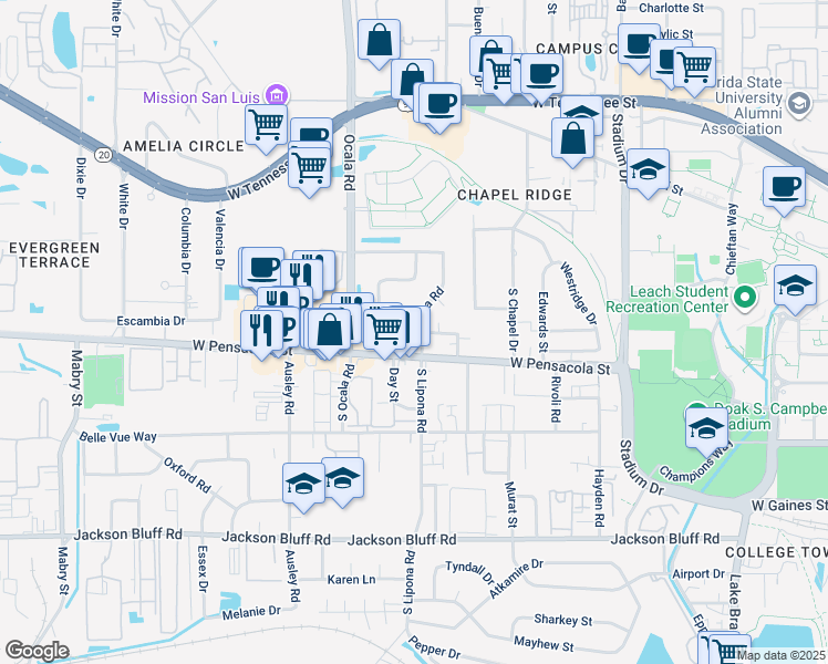 map of restaurants, bars, coffee shops, grocery stores, and more near 1924 West Pensacola Street in Tallahassee