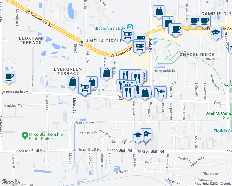 map of restaurants, bars, coffee shops, grocery stores, and more near 2180 West Pensacola Street in Tallahassee
