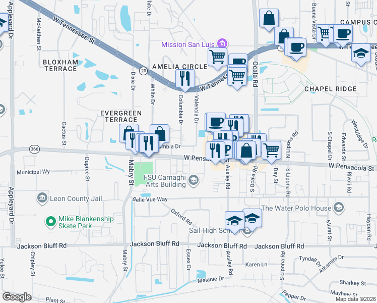 map of restaurants, bars, coffee shops, grocery stores, and more near 2180 West Pensacola Street in Tallahassee