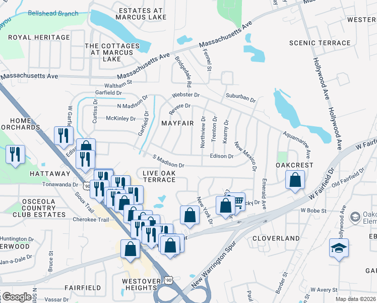 map of restaurants, bars, coffee shops, grocery stores, and more near 484 Edison Drive in Pensacola