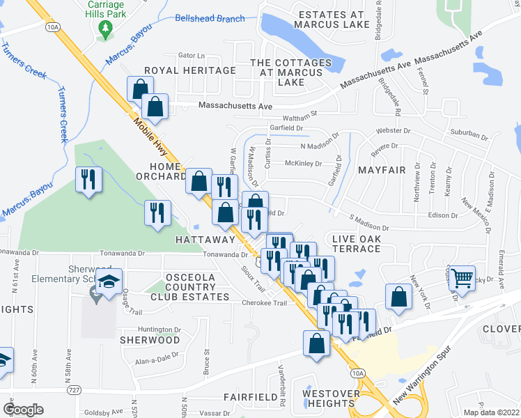 map of restaurants, bars, coffee shops, grocery stores, and more near 88 South Garfield Drive in Pensacola