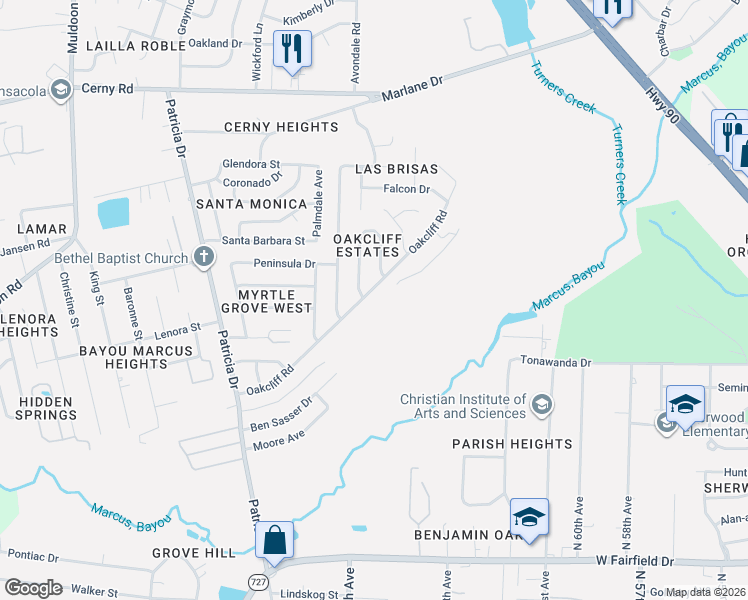 map of restaurants, bars, coffee shops, grocery stores, and more near 6895 Oakcliff Road in Pensacola