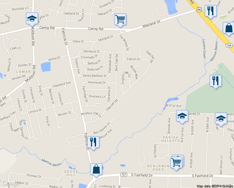 map of restaurants, bars, coffee shops, grocery stores, and more near 6930 Oakcliff Road in Pensacola