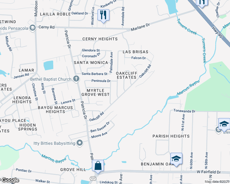 map of restaurants, bars, coffee shops, grocery stores, and more near 6930 Oakcliff Road in Pensacola