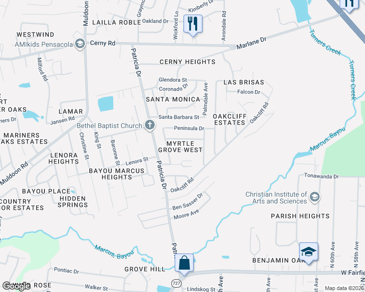map of restaurants, bars, coffee shops, grocery stores, and more near 7155 Princess Lane in Pensacola