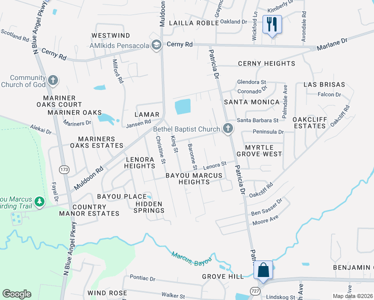 map of restaurants, bars, coffee shops, grocery stores, and more near 3050 Baronne Street in Pensacola