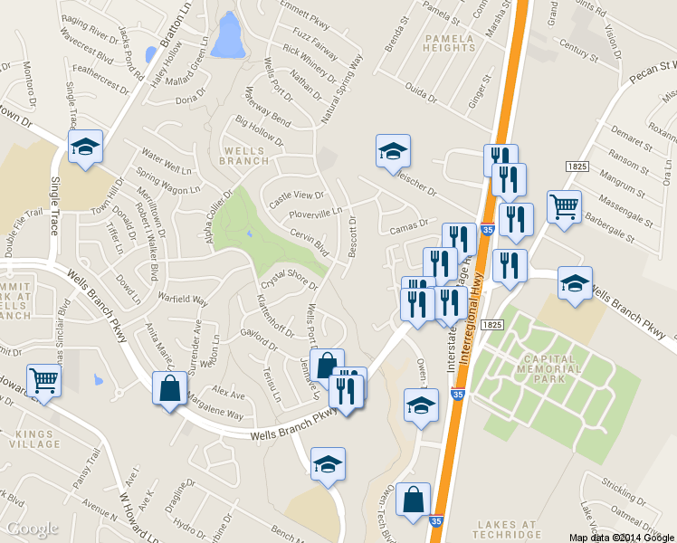 map of restaurants, bars, coffee shops, grocery stores, and more near 14704 Bescott Drive in Austin
