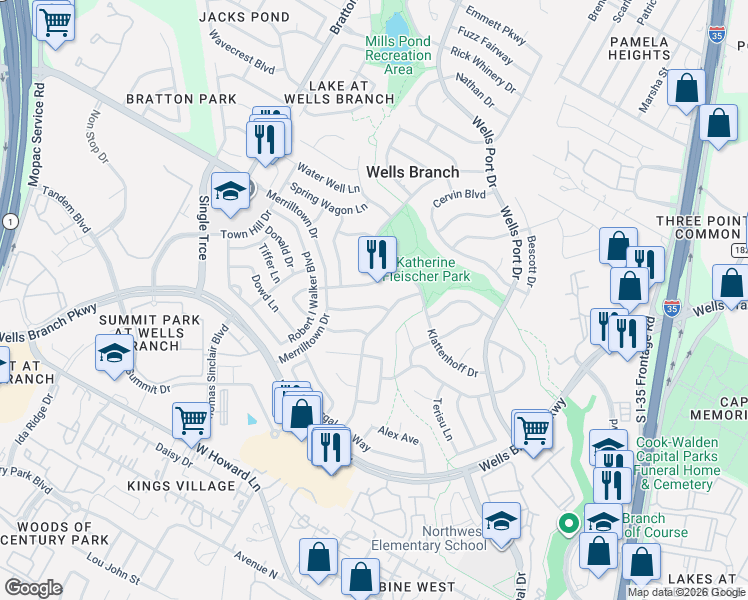 map of restaurants, bars, coffee shops, grocery stores, and more near 2105 Taylor Simonetti Avenue in Austin