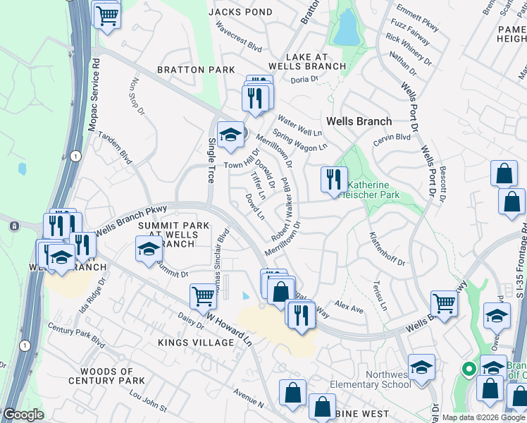 map of restaurants, bars, coffee shops, grocery stores, and more near 14436 Robert I Walker Boulevard in Austin