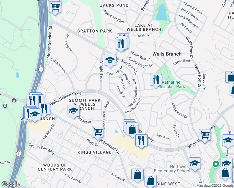 map of restaurants, bars, coffee shops, grocery stores, and more near 14436 Robert I Walker Boulevard in Austin