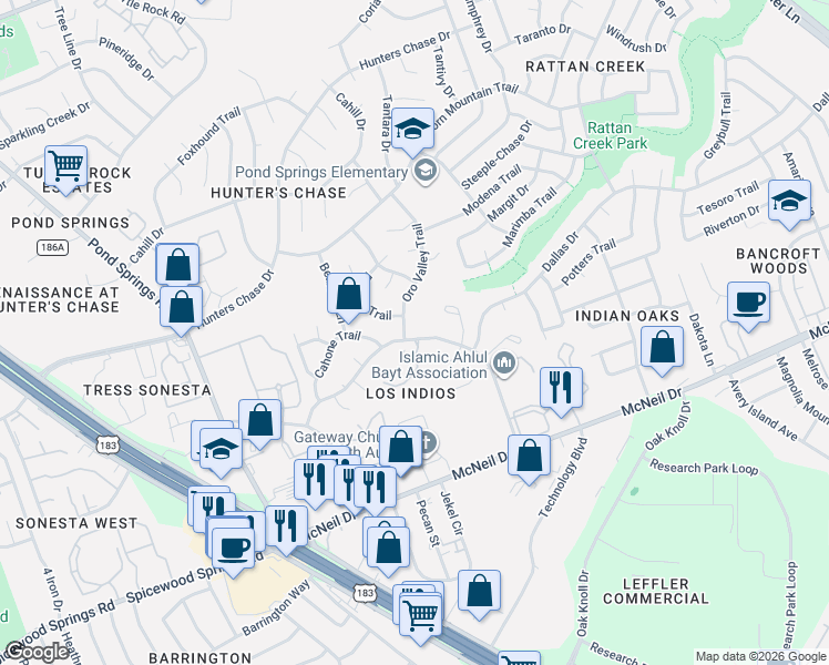 map of restaurants, bars, coffee shops, grocery stores, and more near 12401 Los Indios Trail in Austin
