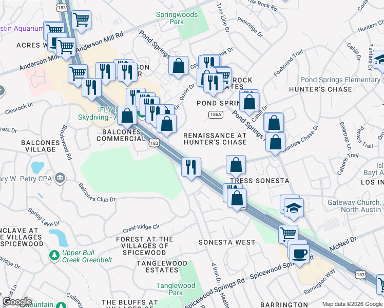 map of restaurants, bars, coffee shops, grocery stores, and more near in Austin