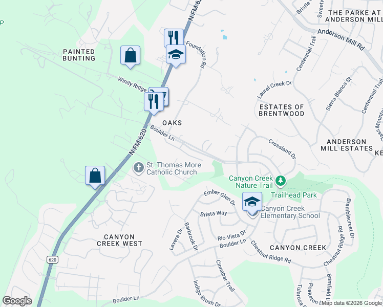 map of restaurants, bars, coffee shops, grocery stores, and more near 11517 Sweet Basil Court in Austin