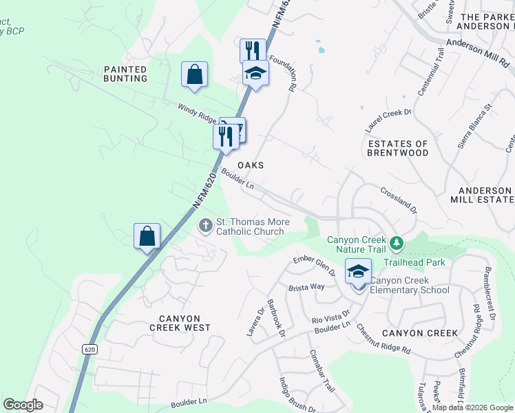 map of restaurants, bars, coffee shops, grocery stores, and more near 11517 Sweet Basil Court in Austin
