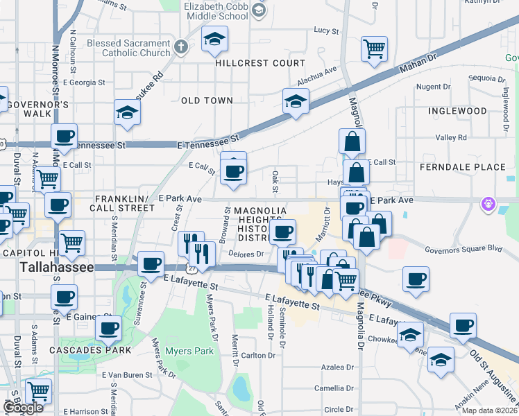 map of restaurants, bars, coffee shops, grocery stores, and more near 837 East Park Avenue in Tallahassee