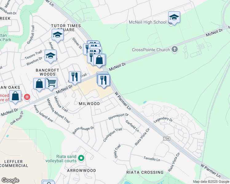 map of restaurants, bars, coffee shops, grocery stores, and more near West Parmer Lane & Melrose Trail in Austin
