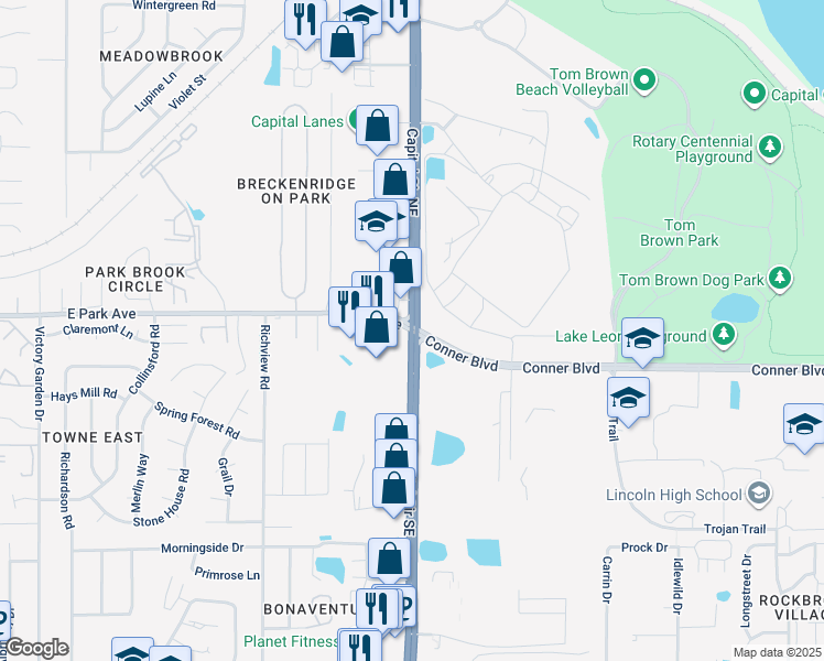 map of restaurants, bars, coffee shops, grocery stores, and more near Capital Cir SE & Conner Blvd in Tallahassee