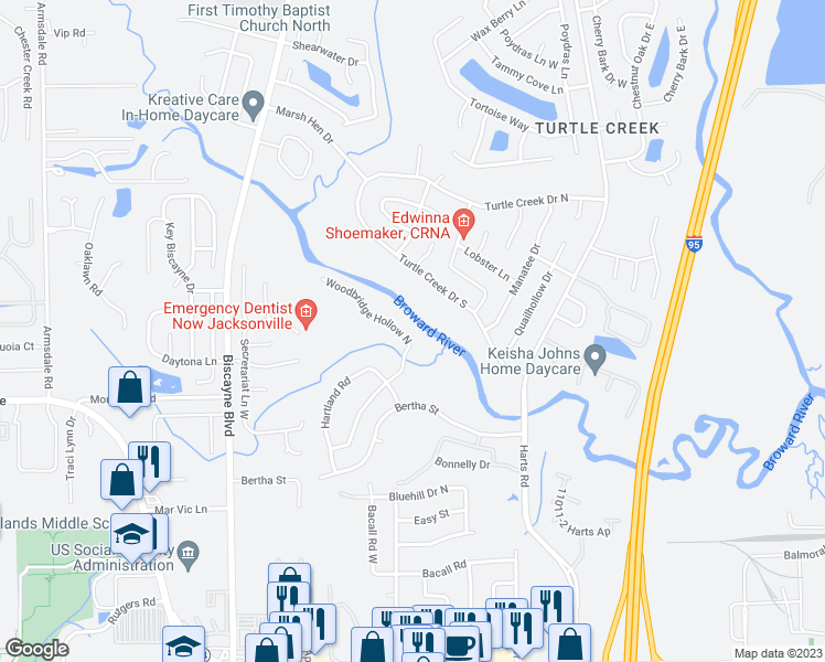 map of restaurants, bars, coffee shops, grocery stores, and more near 972 Woodbridge Hollow Road in Jacksonville