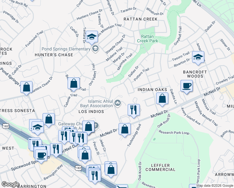 map of restaurants, bars, coffee shops, grocery stores, and more near 7416 Lady Suzannes Court in Austin