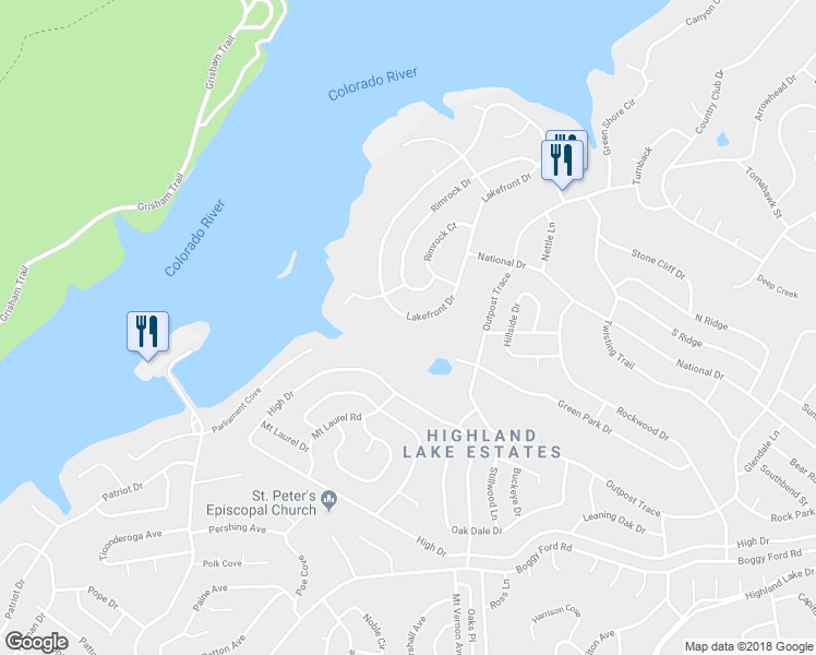 map of restaurants, bars, coffee shops, grocery stores, and more near 21477 Lakefront Dr in Lago Vista