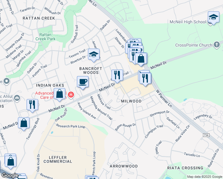 map of restaurants, bars, coffee shops, grocery stores, and more near 6263 McNeil Drive in Austin
