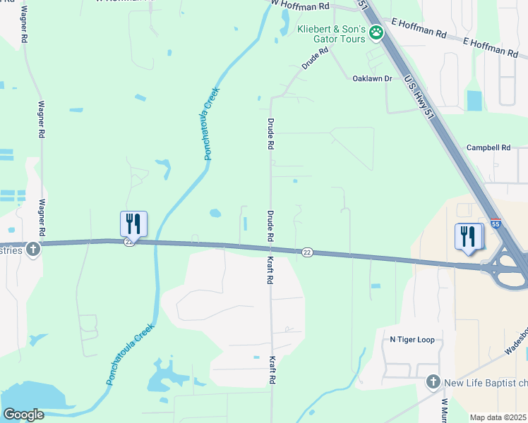 map of restaurants, bars, coffee shops, grocery stores, and more near 40049 Drude Road in Ponchatoula