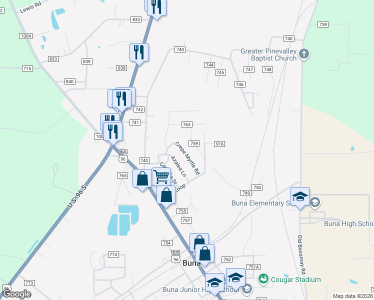 map of restaurants, bars, coffee shops, grocery stores, and more near 240 County Road 760 in Buna