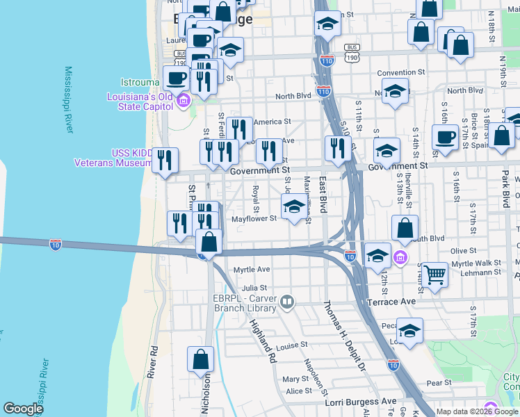 map of restaurants, bars, coffee shops, grocery stores, and more near 757 Saint Charles Street in Baton Rouge