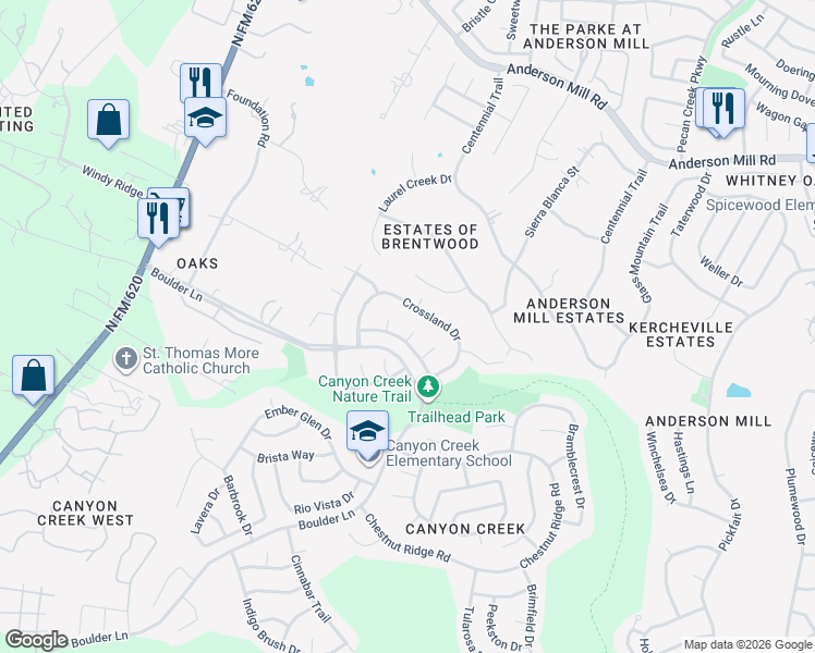 map of restaurants, bars, coffee shops, grocery stores, and more near 10601 Cranford Court in Austin