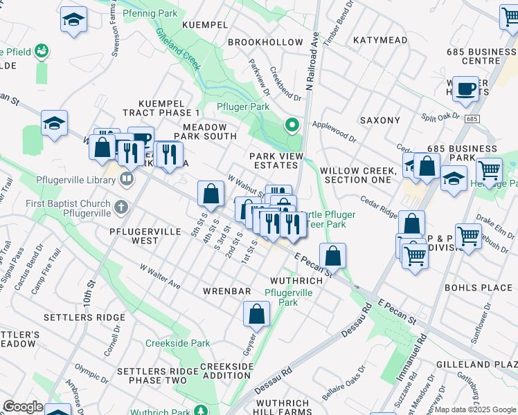 map of restaurants, bars, coffee shops, grocery stores, and more near 102 2nd Street North in Pflugerville