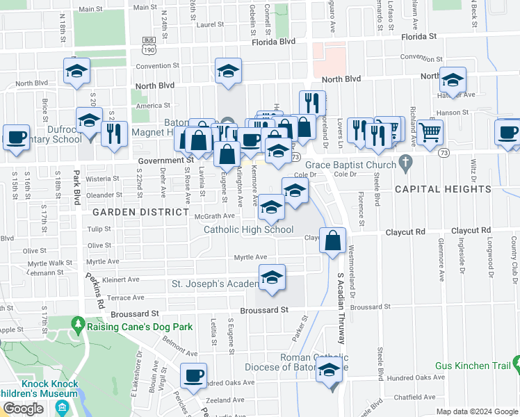 map of restaurants, bars, coffee shops, grocery stores, and more near 857 Kenmore Avenue in Baton Rouge