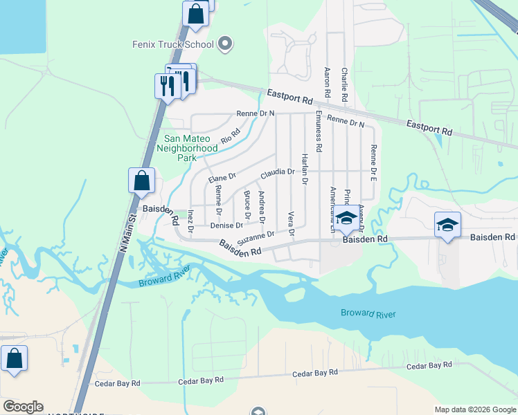 map of restaurants, bars, coffee shops, grocery stores, and more near 11235 Andrea Drive in Jacksonville