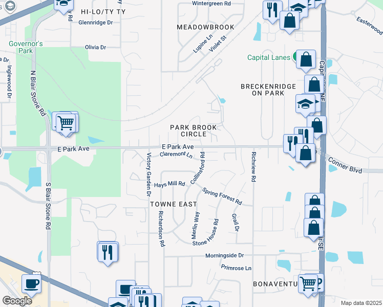 map of restaurants, bars, coffee shops, grocery stores, and more near 2382 Claremont Lane in Tallahassee